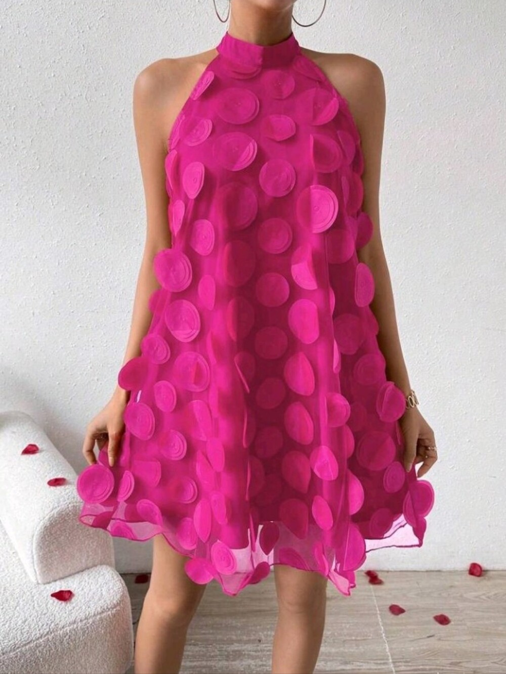 Women's Three-Dimensional Flower Halter Neck Pink Dress For New Year